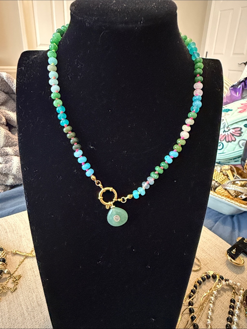 Gold-Accented Multicolor Beaded Necklace with Jade Pendant